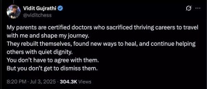 Chess Grandmaster Vidit Gujrathi Defends Family's Medical Professions in Heated Social Media Clash