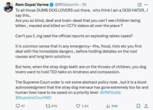 Ram Gopal Varma slams 'dumb dog lovers' after Supreme Court's order: 'You can't see children being bitten, mauled and killed?'