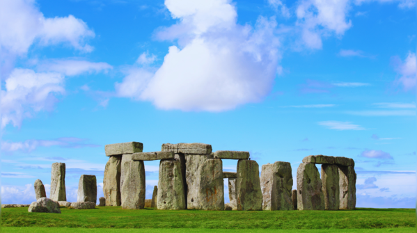 Stonehenge, a prehistoric monument of standing stones in the English countryside.