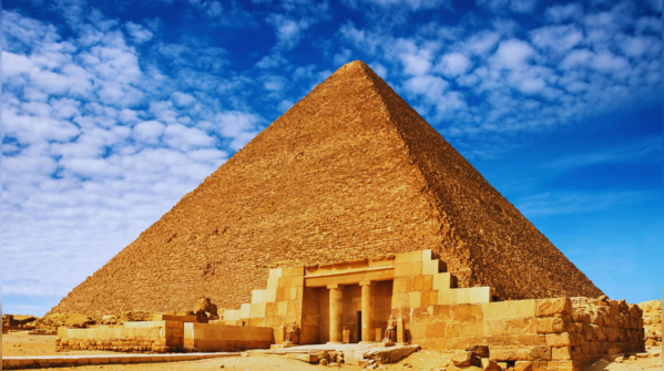 The majestic Pyramids of Giza rising from the Egyptian desert.