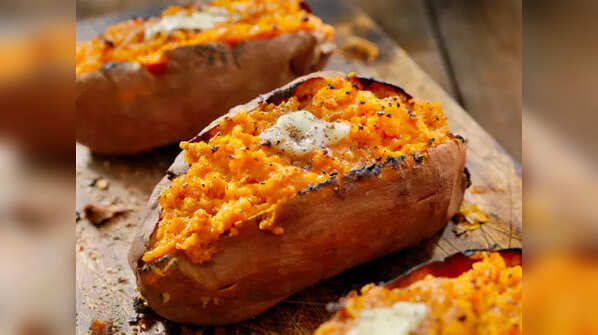 A close-up of freshly baked sweet potatoes.