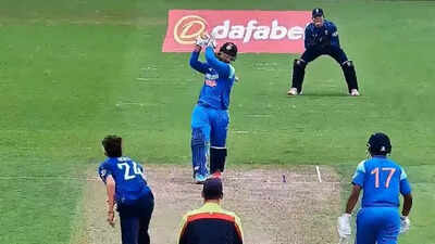 Vaibhav Suryavanshi celebrates a six