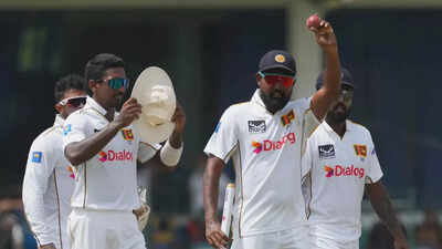 Prabath Jayasuriya celebrates a five-wicket haul against Bangladesh