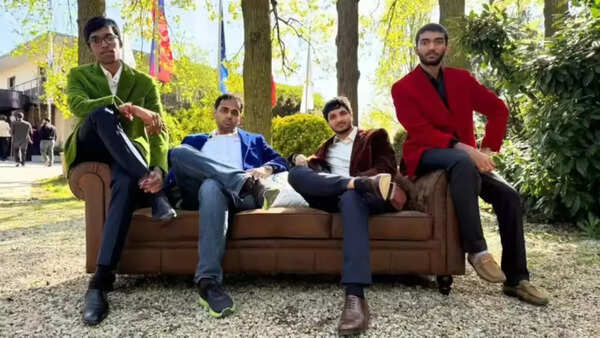 Chess players Gukesh, Gujrathi, Erigaisi, and Praggnanandhaa