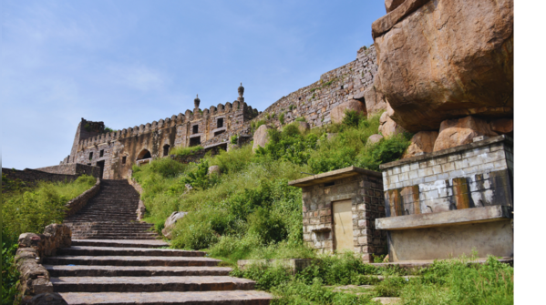 The majestic Golconda Fort illuminated at night in Hyderabad