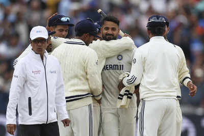 Akash Deep celebrates India's victory over England at Edgbaston.