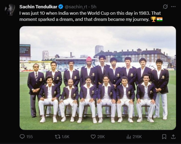 Tendulkar's tweet reflecting on the 1983 World Cup victory